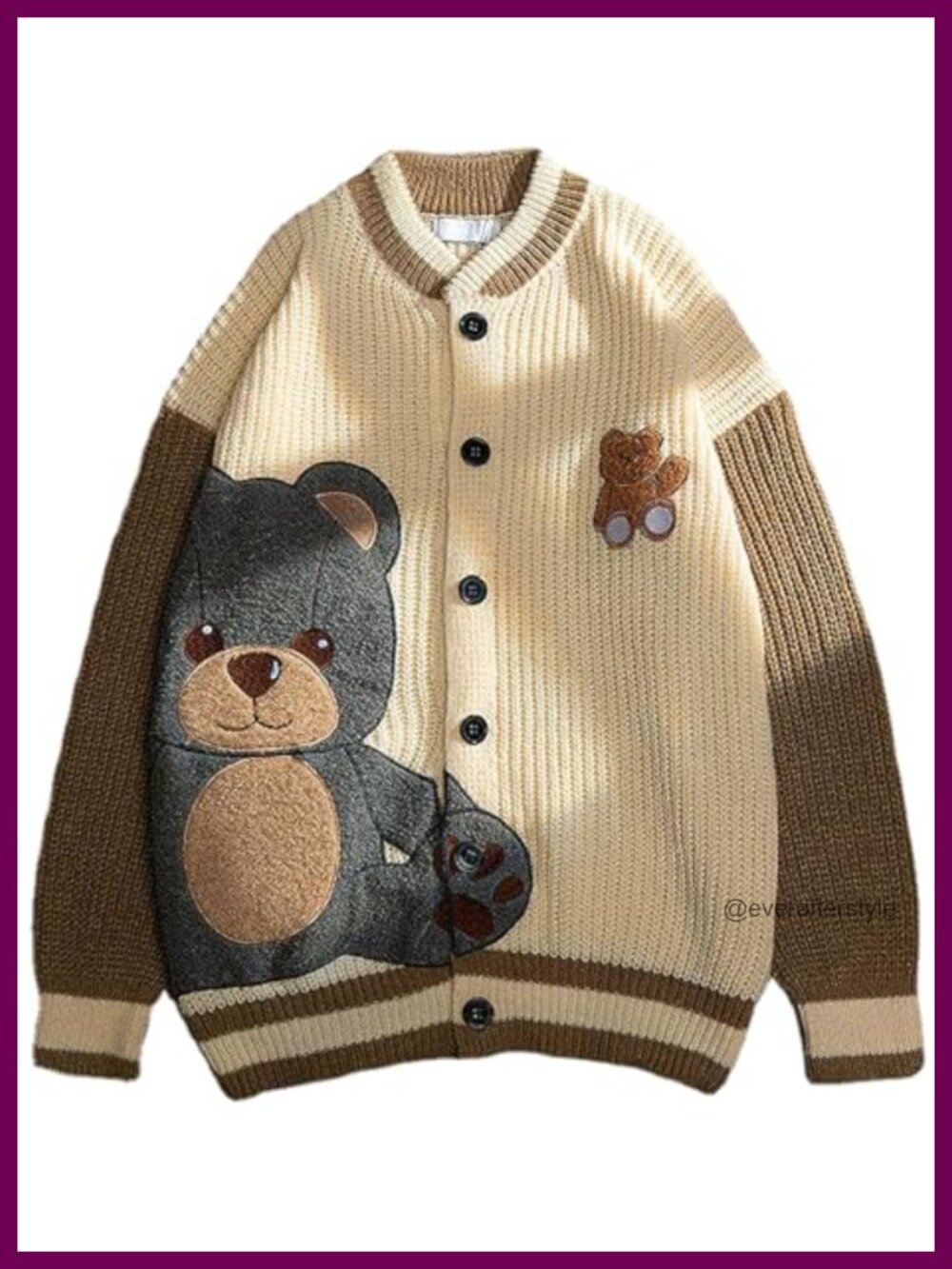Embroidered Bear Knit Cardigan Loose Button Down Long Sleeve Varsity Sweater
